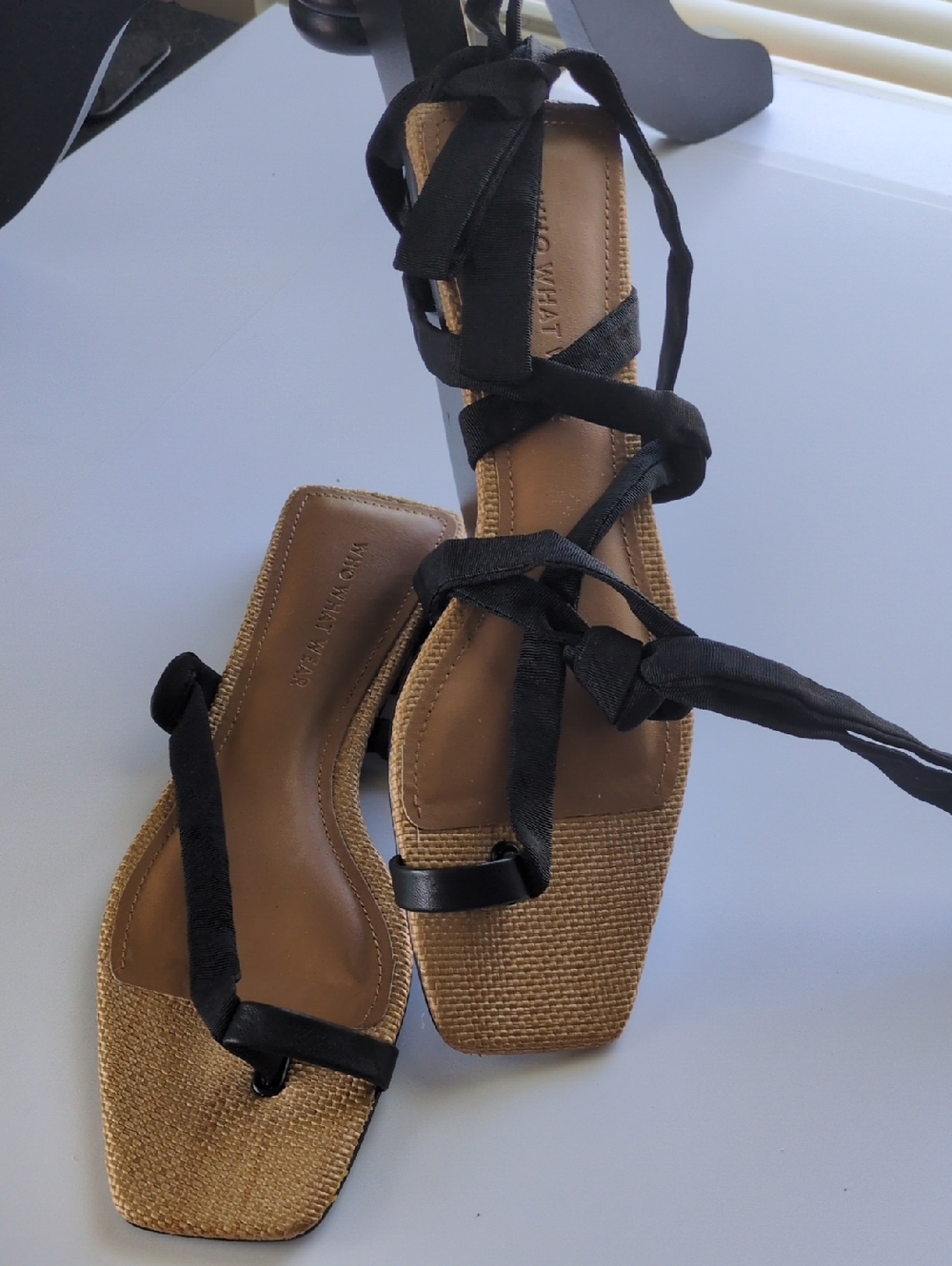 WHO WHAT WEAR Black Lace-Up Raffia Flat Sandals NWOT